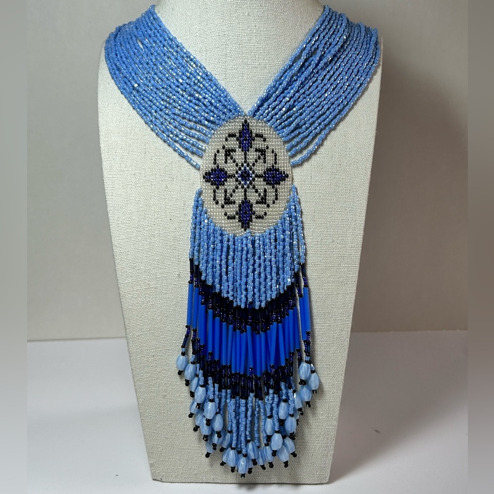 Native Vintage Glass Seed Bead Loom Signed Necklace Bugle Fringe Handcrafted